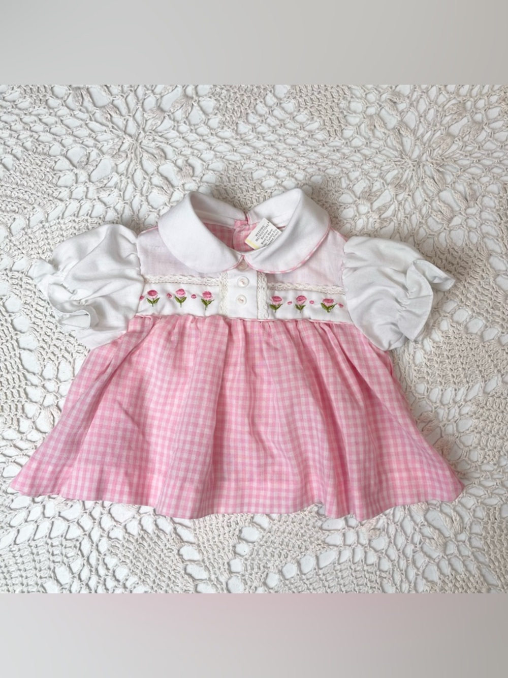 Vintage 1980s Baby Togs Girls 6-9 Months Pink Gingham Dainty Floral Blouse